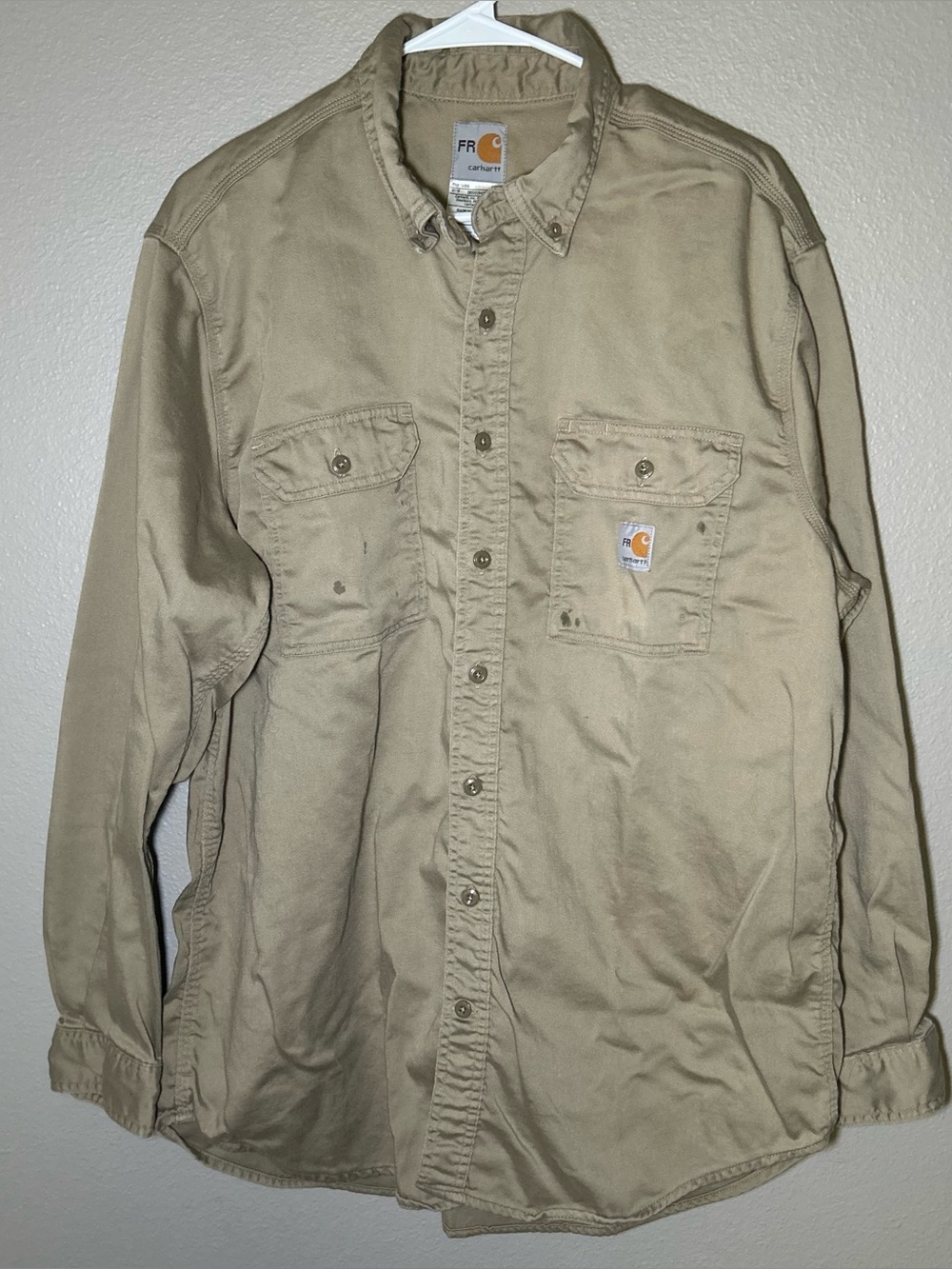 Carhartt Flame Resistant Khaki Cotton Blend Long Sleeve Work Shirt Men’s Size XL